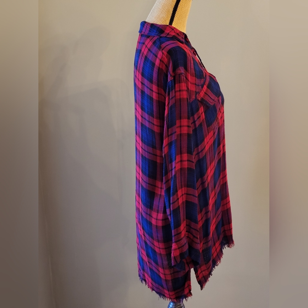 Umgee Flannel Plaid Blouse Pullover Tie Front Medium - Picture 2 of 10
